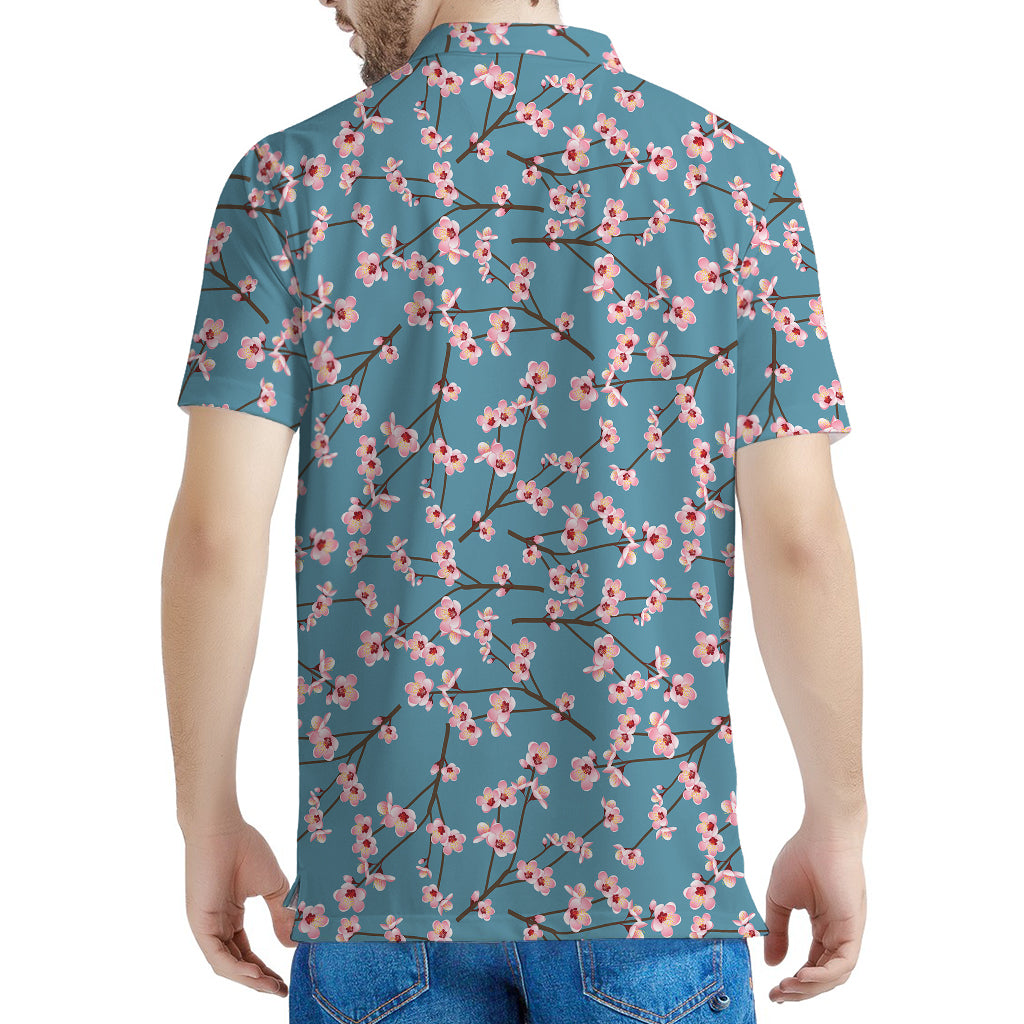 Pink Cherry Blossom Pattern Print Men's Polo Shirt