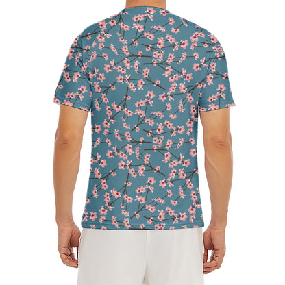 Pink Cherry Blossom Pattern Print Men's Short Sleeve Rash Guard