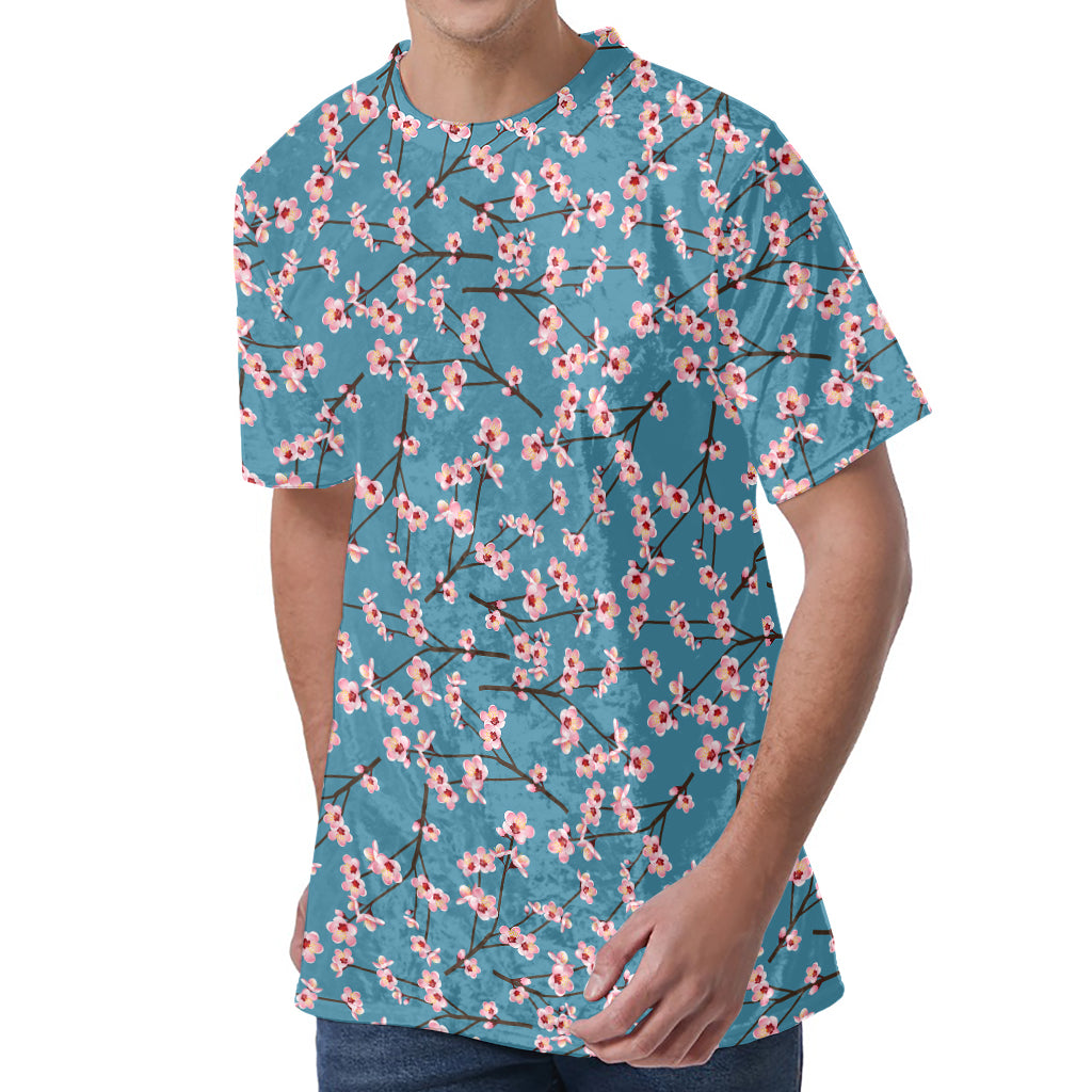 Pink Cherry Blossom Pattern Print Men's Velvet T-Shirt