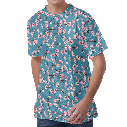 Pink Cherry Blossom Pattern Print Men's Velvet T-Shirt