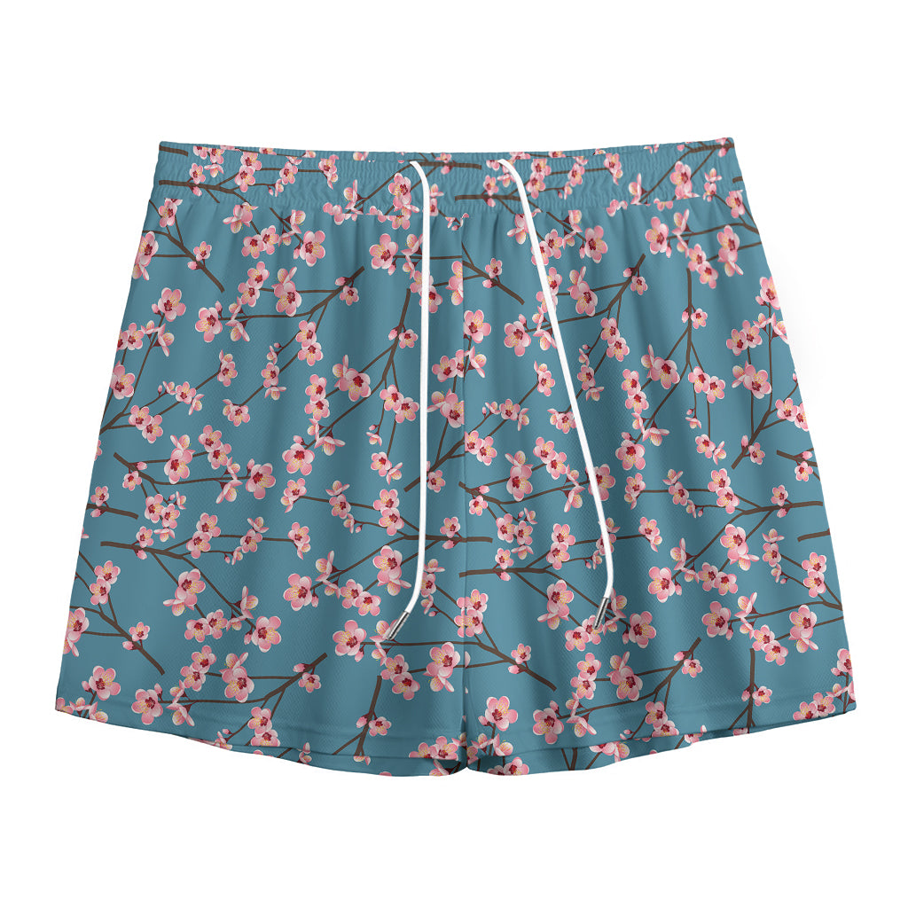 Pink Cherry Blossom Pattern Print Mesh Shorts
