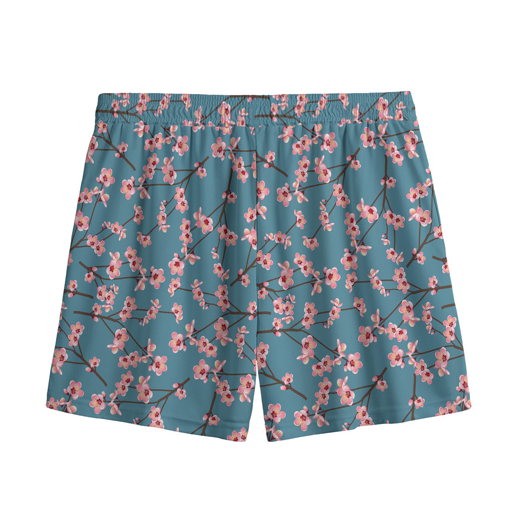 Pink Cherry Blossom Pattern Print Mesh Shorts