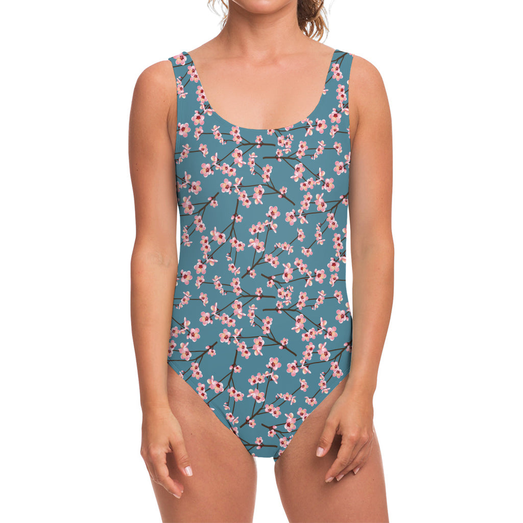 Pink Cherry Blossom Pattern Print One Piece Swimsuit