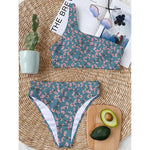 Pink Cherry Blossom Pattern Print One Shoulder Bikini Top