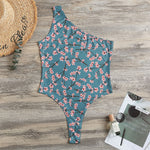 Pink Cherry Blossom Pattern Print One Shoulder Bodysuit