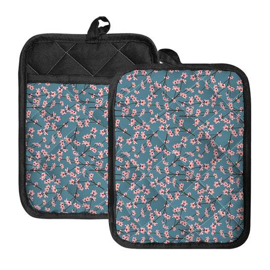 Pink Cherry Blossom Pattern Print Pot Holders With Pocket