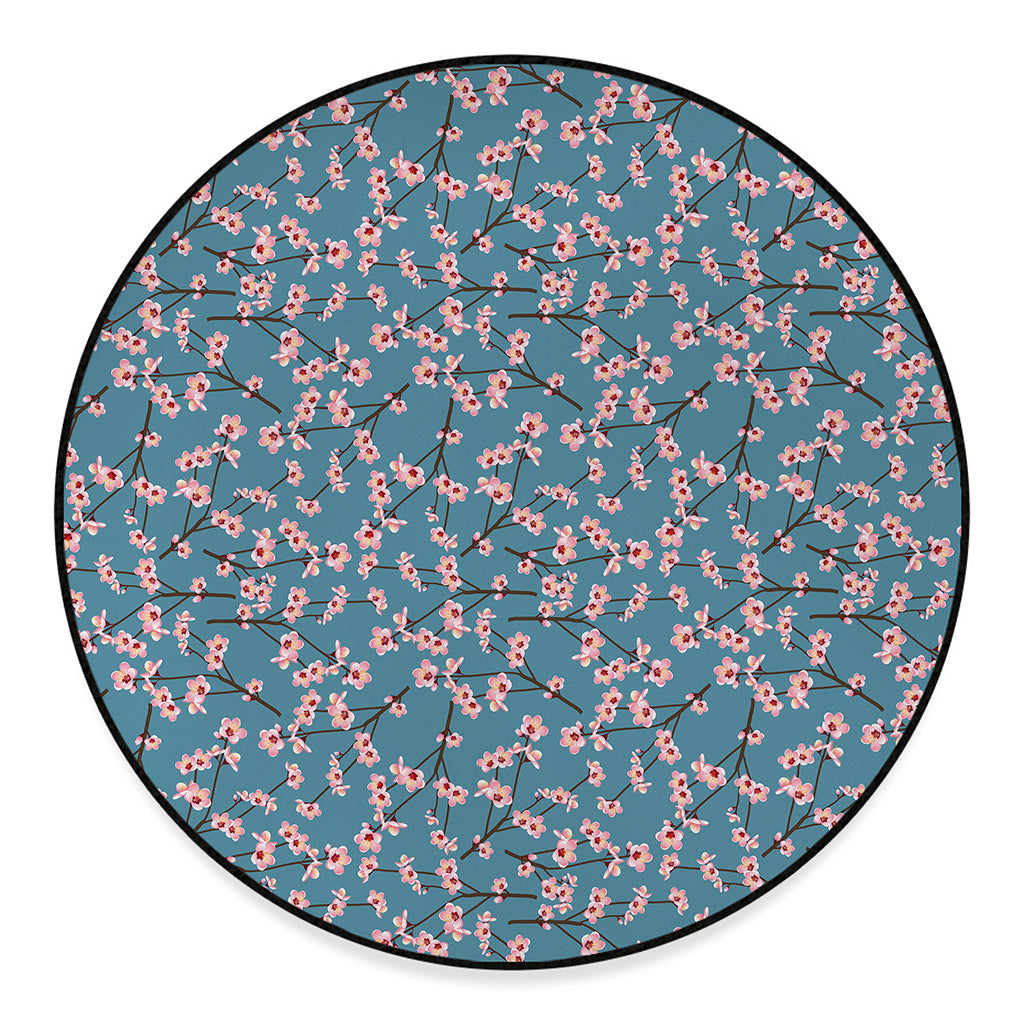 Pink Cherry Blossom Pattern Print Round Floor Mat
