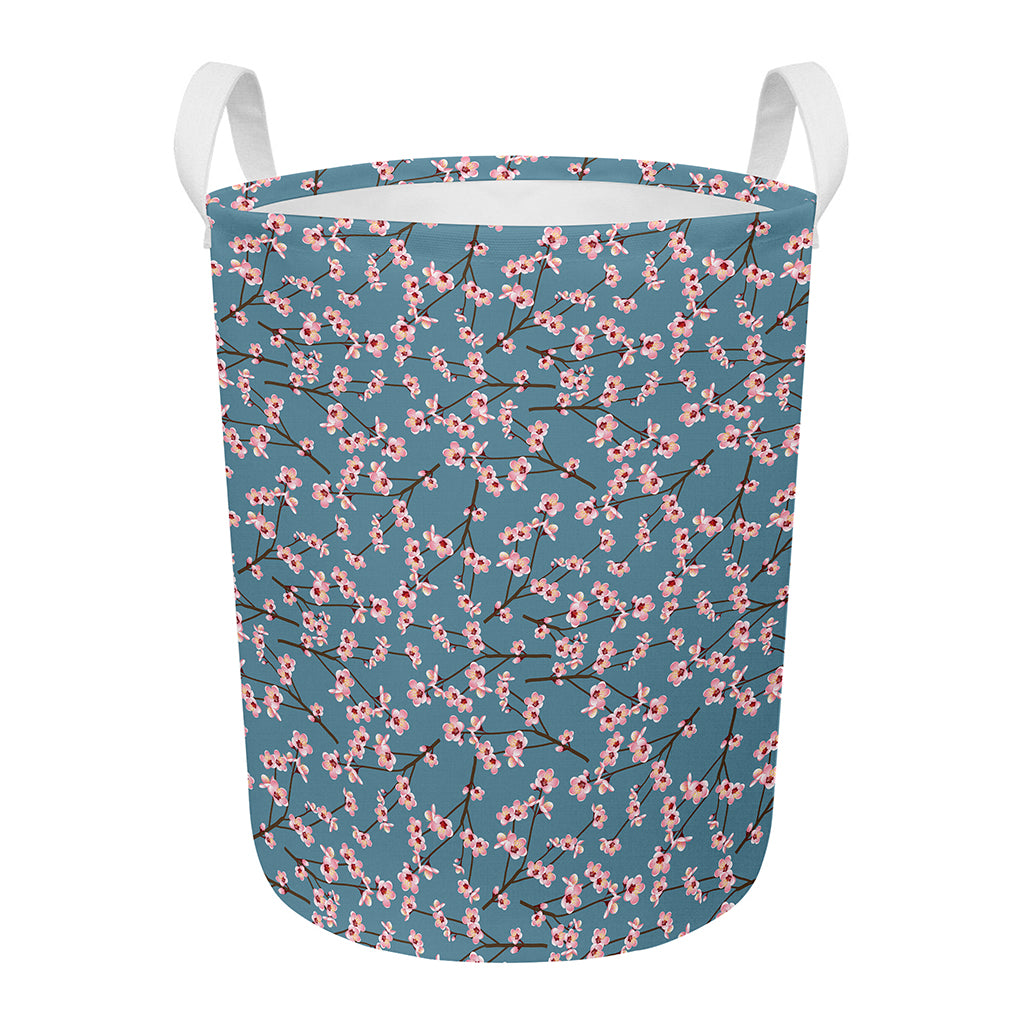 Pink Cherry Blossom Pattern Print Round Laundry Basket