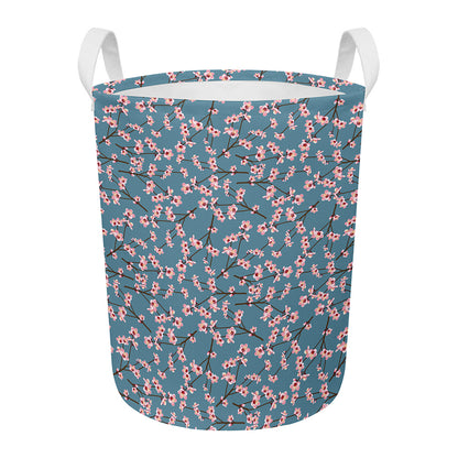Pink Cherry Blossom Pattern Print Round Laundry Basket