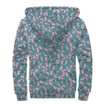 Pink Cherry Blossom Pattern Print Sherpa Lined Zip Up Hoodie