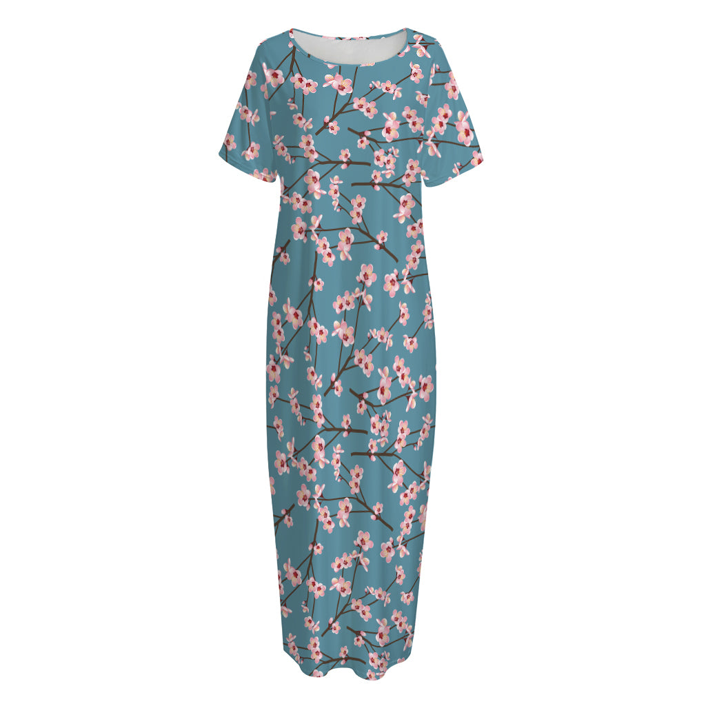 Pink Cherry Blossom Pattern Print Short Sleeve Long Nightdress