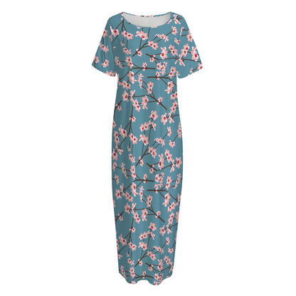 Pink Cherry Blossom Pattern Print Short Sleeve Long Nightdress