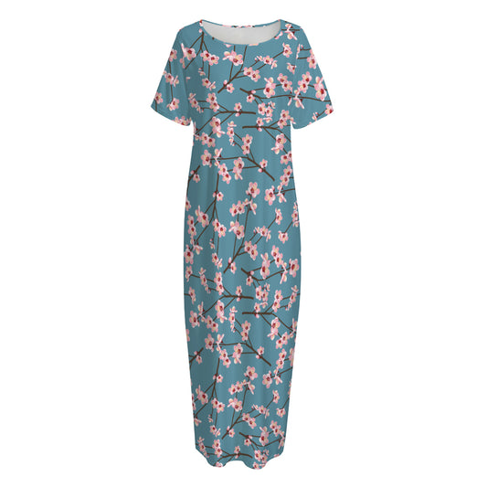 Pink Cherry Blossom Pattern Print Short Sleeve Long Nightdress