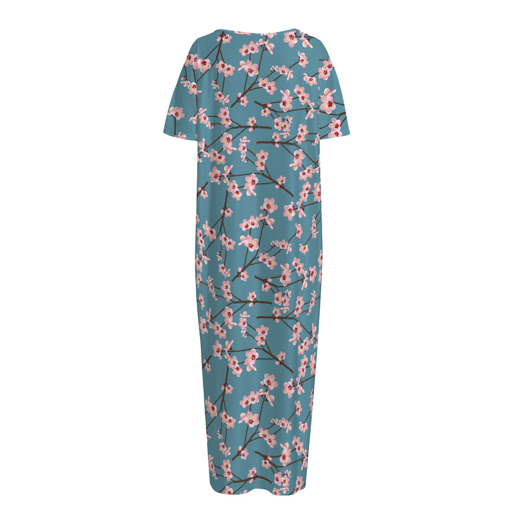 Pink Cherry Blossom Pattern Print Short Sleeve Long Nightdress