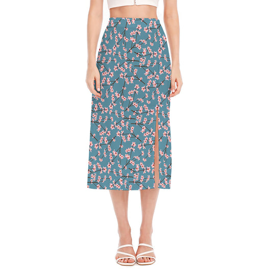 Pink Cherry Blossom Pattern Print Side Slit Midi Skirt
