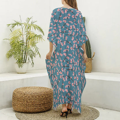 Pink Cherry Blossom Pattern Print Silk V-Neck Kaftan Dress