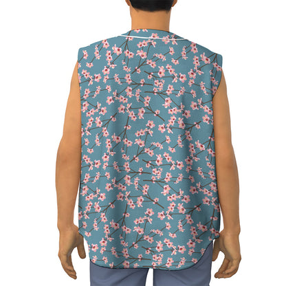 Pink Cherry Blossom Pattern Print Sleeveless Baseball Jersey