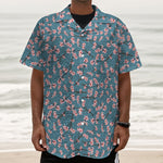 Pink Cherry Blossom Pattern Print Textured Short Sleeve Shirt