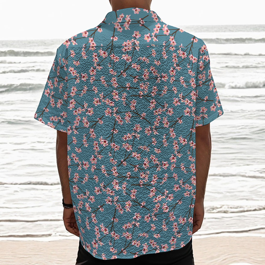 Pink Cherry Blossom Pattern Print Textured Short Sleeve Shirt