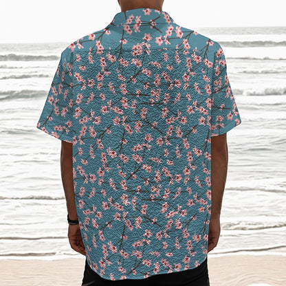 Pink Cherry Blossom Pattern Print Textured Short Sleeve Shirt