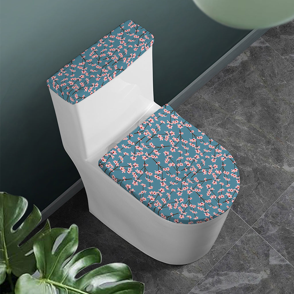 Pink Cherry Blossom Pattern Print Toilet Lid And Tank Cover Set