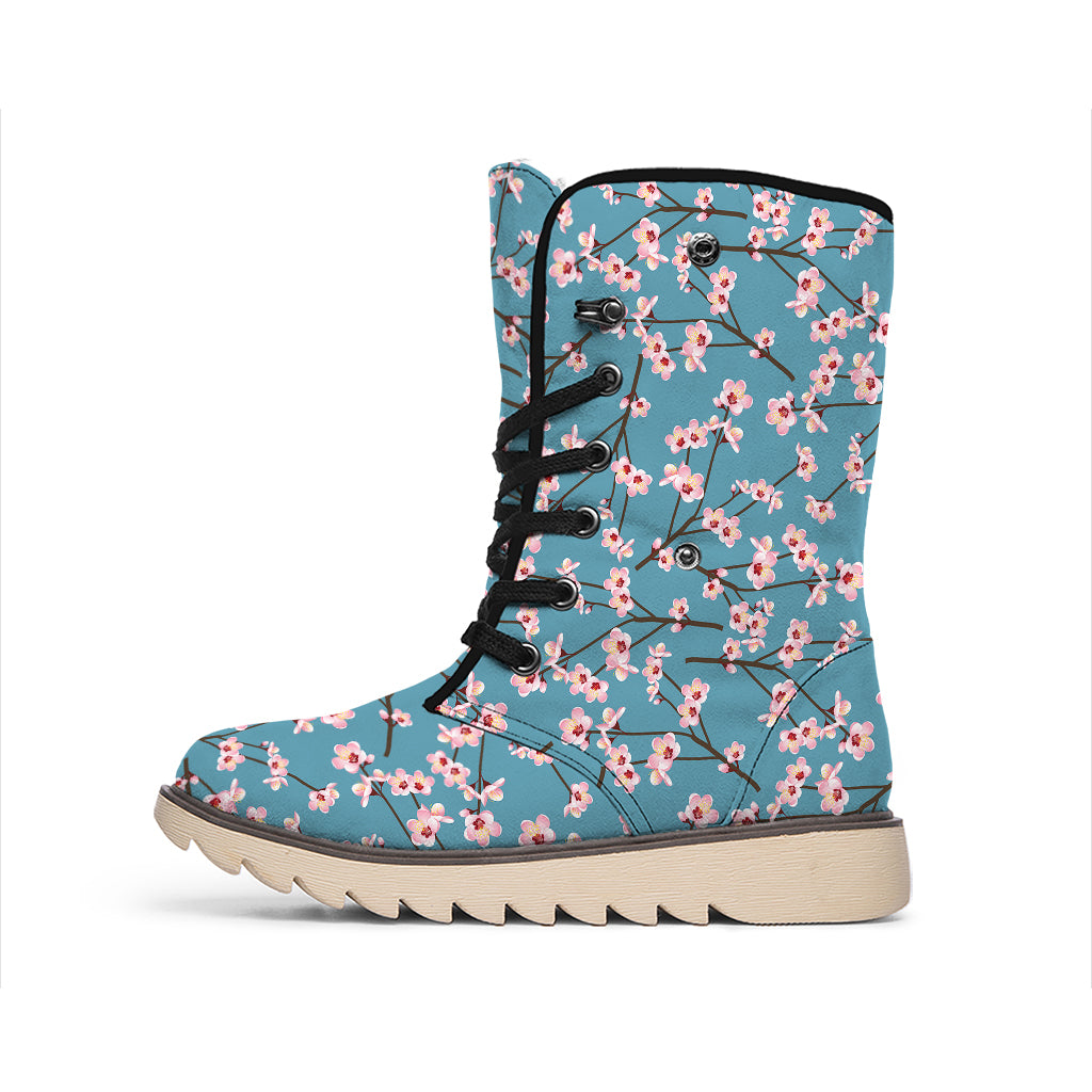 Pink Cherry Blossom Pattern Print Winter Boots