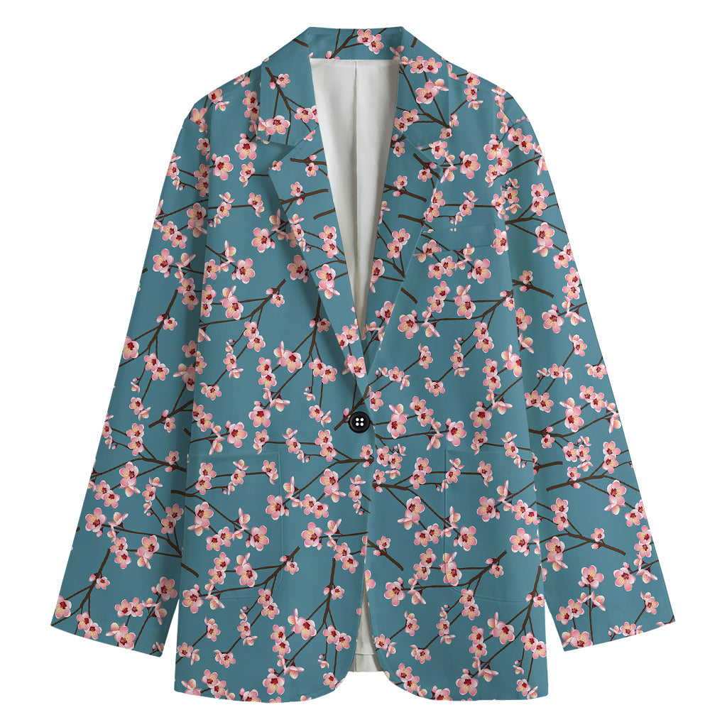 Pink Cherry Blossom Pattern Print Women's Cotton Blazer