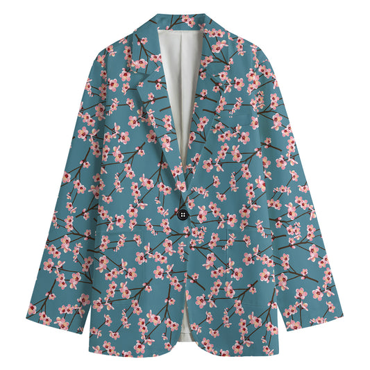 Pink Cherry Blossom Pattern Print Women's Cotton Blazer