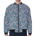 Pink Cherry Blossom Pattern Print Zip Sleeve Bomber Jacket