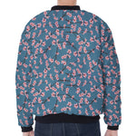 Pink Cherry Blossom Pattern Print Zip Sleeve Bomber Jacket