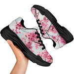 Pink Cherry Blossom Print Black Chunky Shoes