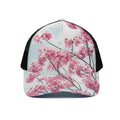 Pink Cherry Blossom Print Black Mesh Trucker Hat