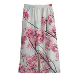 Pink Cherry Blossom Print Cotton Front Slit Maxi Skirt