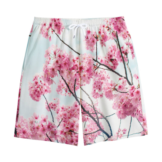 Pink Cherry Blossom Print Cotton Shorts