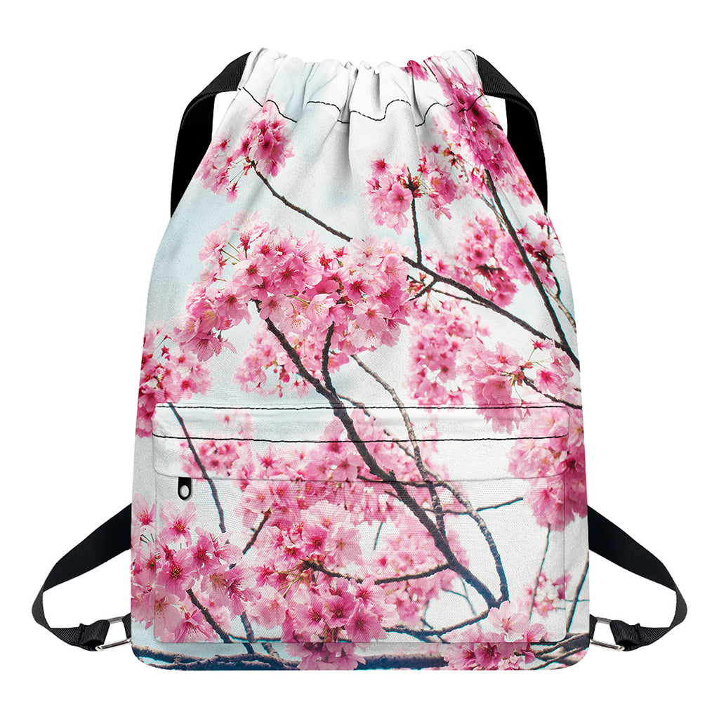 Pink Cherry Blossom Print Drawstring Backpack