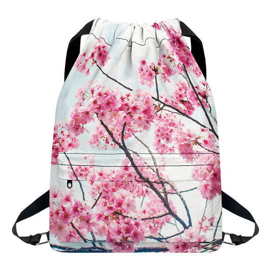 Pink Cherry Blossom Print Drawstring Backpack