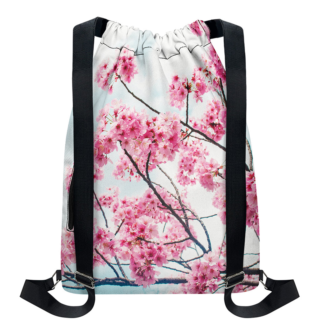 Pink Cherry Blossom Print Drawstring Backpack