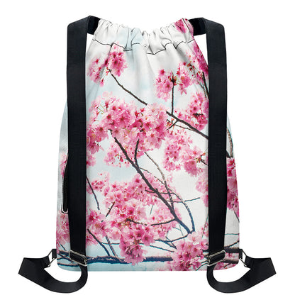 Pink Cherry Blossom Print Drawstring Backpack