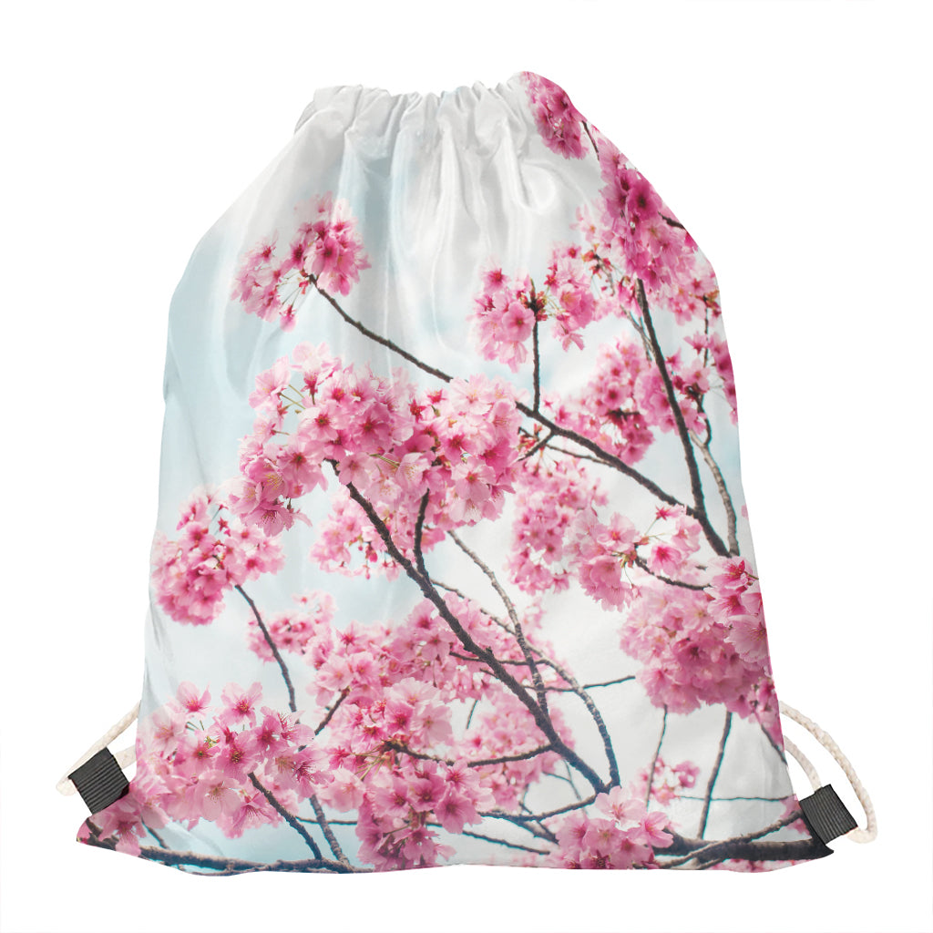 Pink Cherry Blossom Print Drawstring Bag