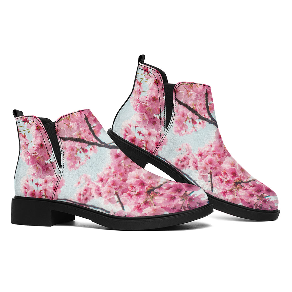 Pink Cherry Blossom Print Flat Ankle Boots