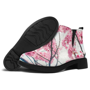 Pink Cherry Blossom Print Flat Ankle Boots