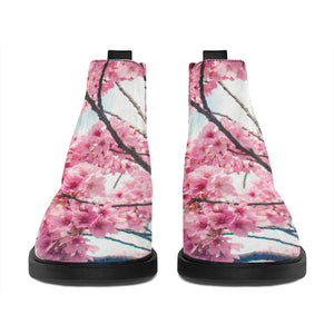 Pink Cherry Blossom Print Flat Ankle Boots