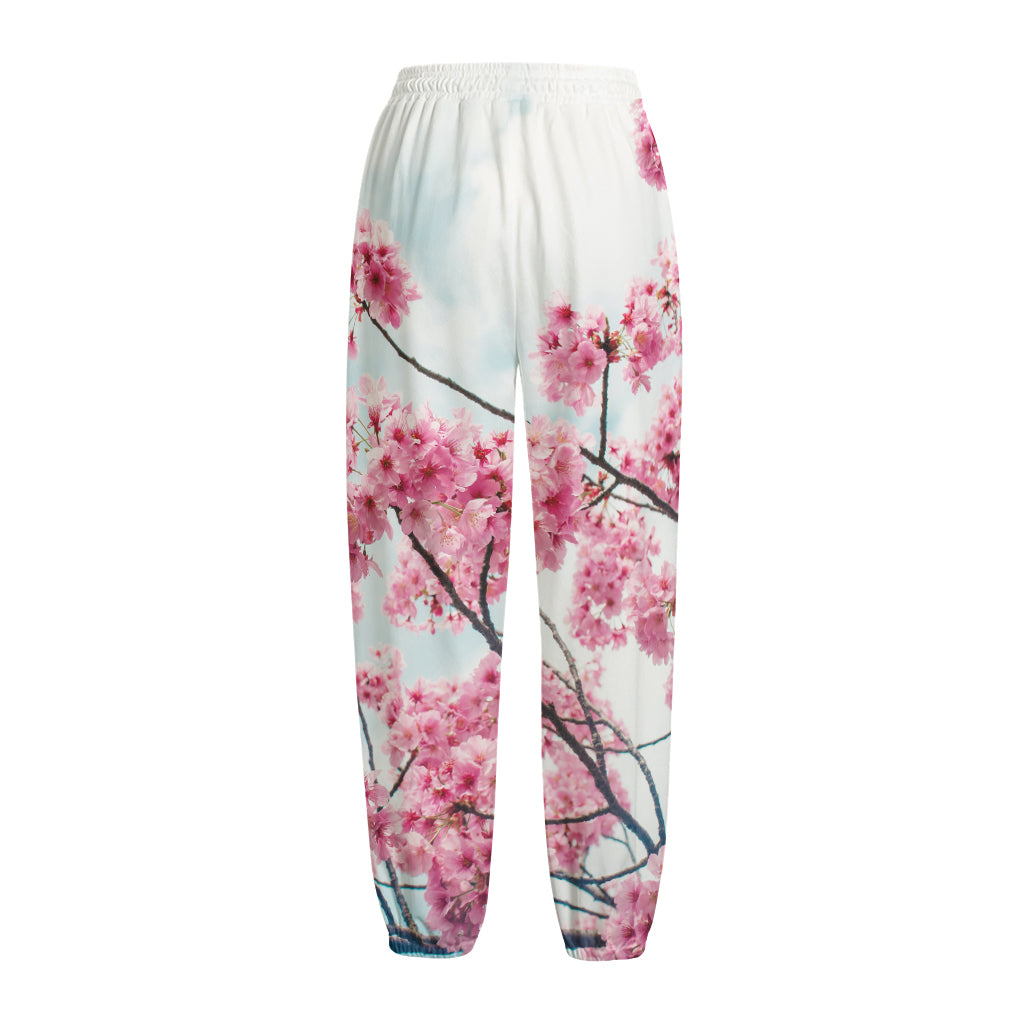 Pink Cherry Blossom Print Fleece Lined Knit Pants