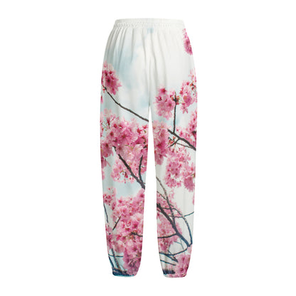 Pink Cherry Blossom Print Fleece Lined Knit Pants