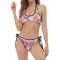 Pink Cherry Blossom Print Halter Scoop Tie Side Bikini