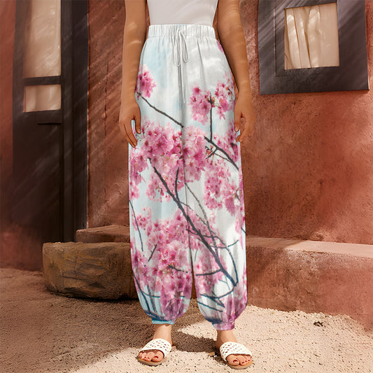 Pink Cherry Blossom Print Harem Pants
