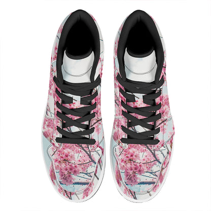 Pink Cherry Blossom Print High Top Leather Sneakers