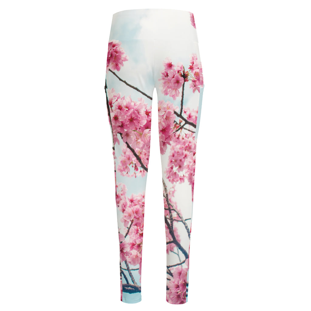 Pink Cherry Blossom Print High-Waisted Pocket Leggings