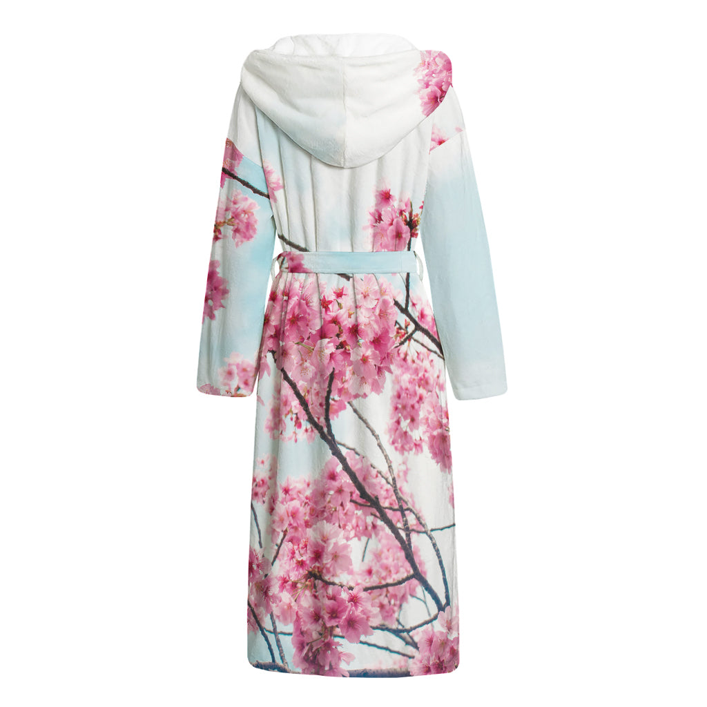 Pink Cherry Blossom Print Hooded Bathrobe