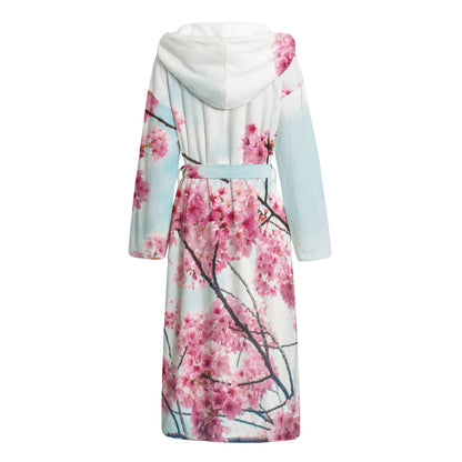 Pink Cherry Blossom Print Hooded Bathrobe